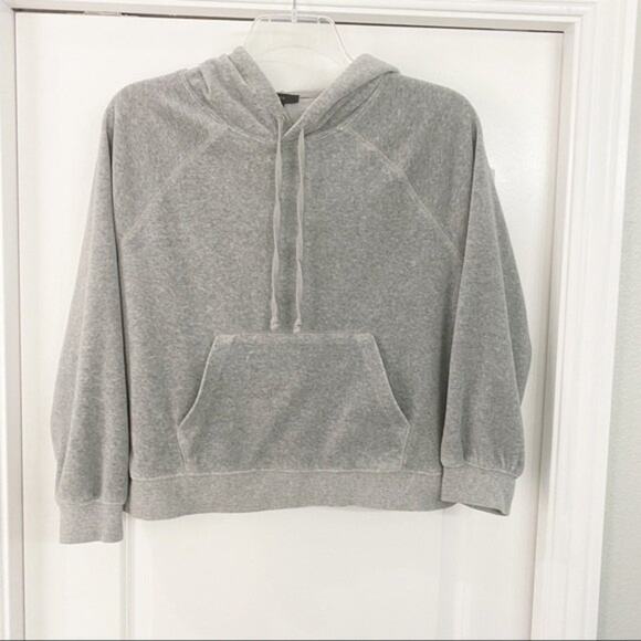 J Crew Size Small Gray Relaxed Velour Hoodie Hooded Sweatshirt Kangaroo Pocket - Picture 3 of 9